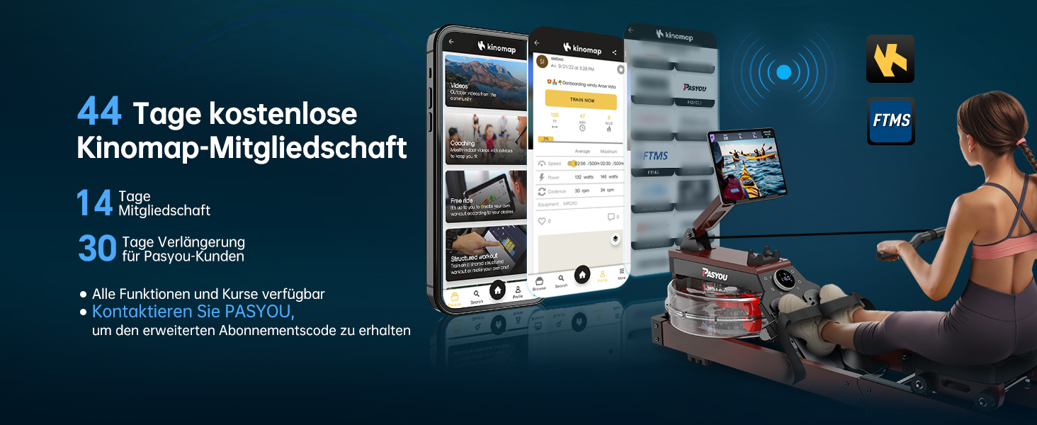 PASYOU Гребний тренажер для дому з дуба, складаний водяний рушникоріз з Bluetooth дисплеєм та 30-денною безкоштовною підпискою на Kinomap, рушникоріз з регульованим тримачем для планшету, вантажопідйомність 150 кг, PW60, коричневий