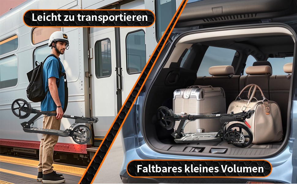 Роликовий самокат Uluck Roller Erwachsene для дорослих та підлітків, 200 мм, дискові гальма, складаний, з ременем та подвійною амортизацією (Чорний)