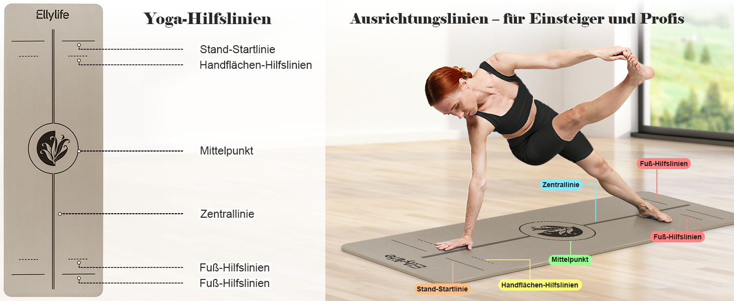 Килимок для йоги та пілатеса з еко-каучуку та TPE, протиковзкий з лініями розмітки, бежевий, 4мм, з ременем для перенесення