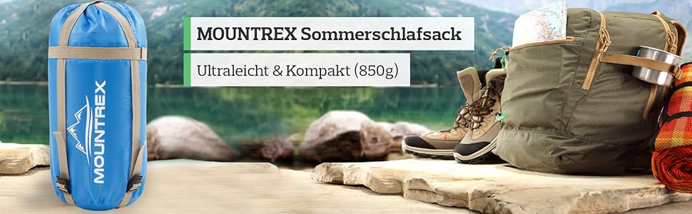 Сплячий мішок MOUNTREX® – ультралегкий та компактний (850г) – для відпочинку на природі, літній спальний мішок, мумієвидний (205x75см) – мале пакування та легкість – для підлітків та дорослих + подарунок: туристична подушка, зелений (блакитний/сірий)