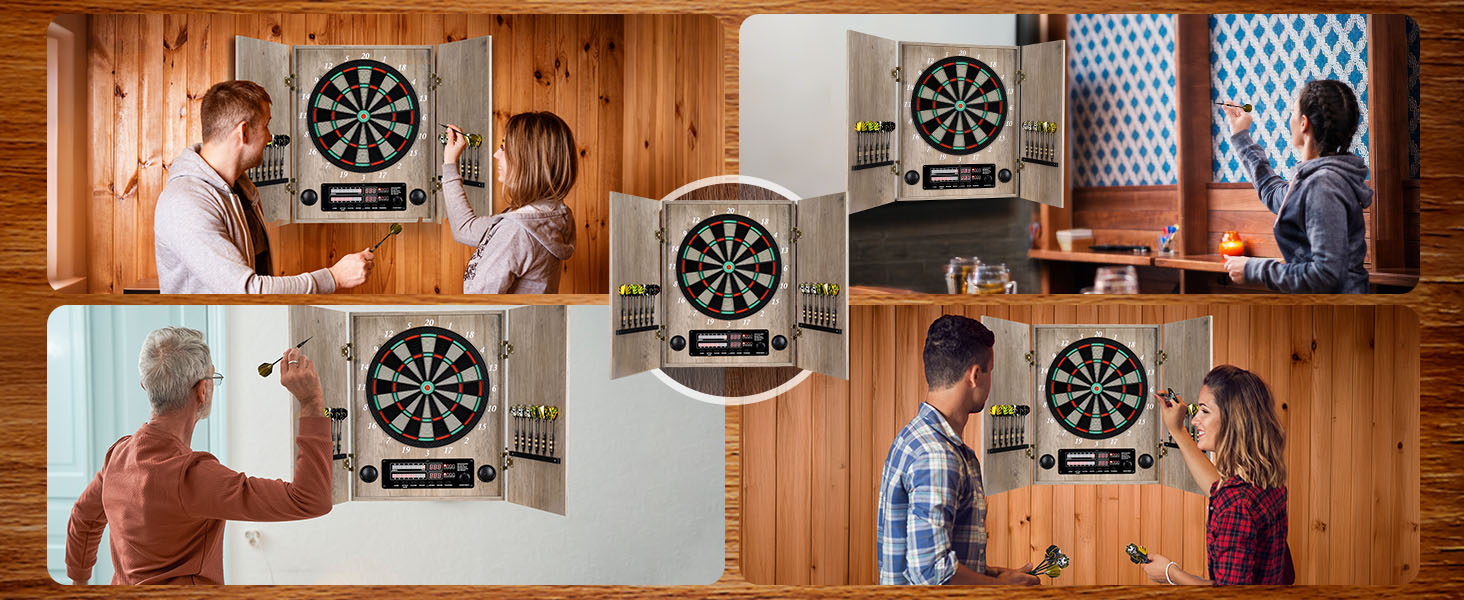 Електронний дартс Dartscheibe з шафою та 12 дротиками: Професійний E-дартс з дерев'яними дверцятами та режимом Cricket