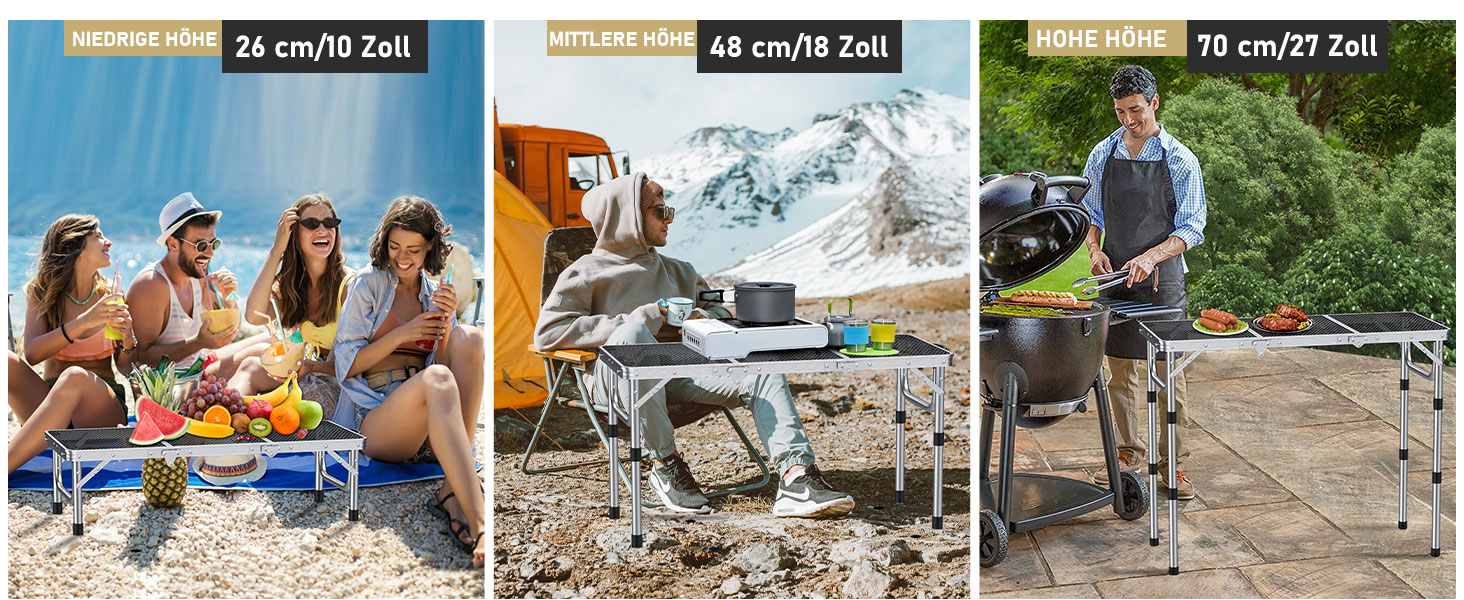 Стіл для кемпінгу Anbte Grilltisch 58x40 см, алюмінієвий каркас, регульована висота (26/48/70 см), складаний, для пікніка, BBQ, саду, балкону (срібний)