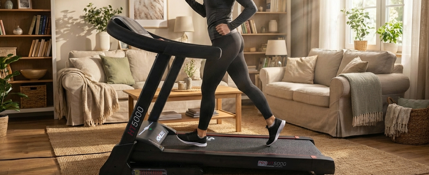 Електричний біговий тренажер Miweba Sports HT5000 | 7 PS, 18 км/год, нахил до 15%, вантажопідйомність 150 кг, з додатком, складаний, велика площа для бігу, 12 програм, для дому, чорний