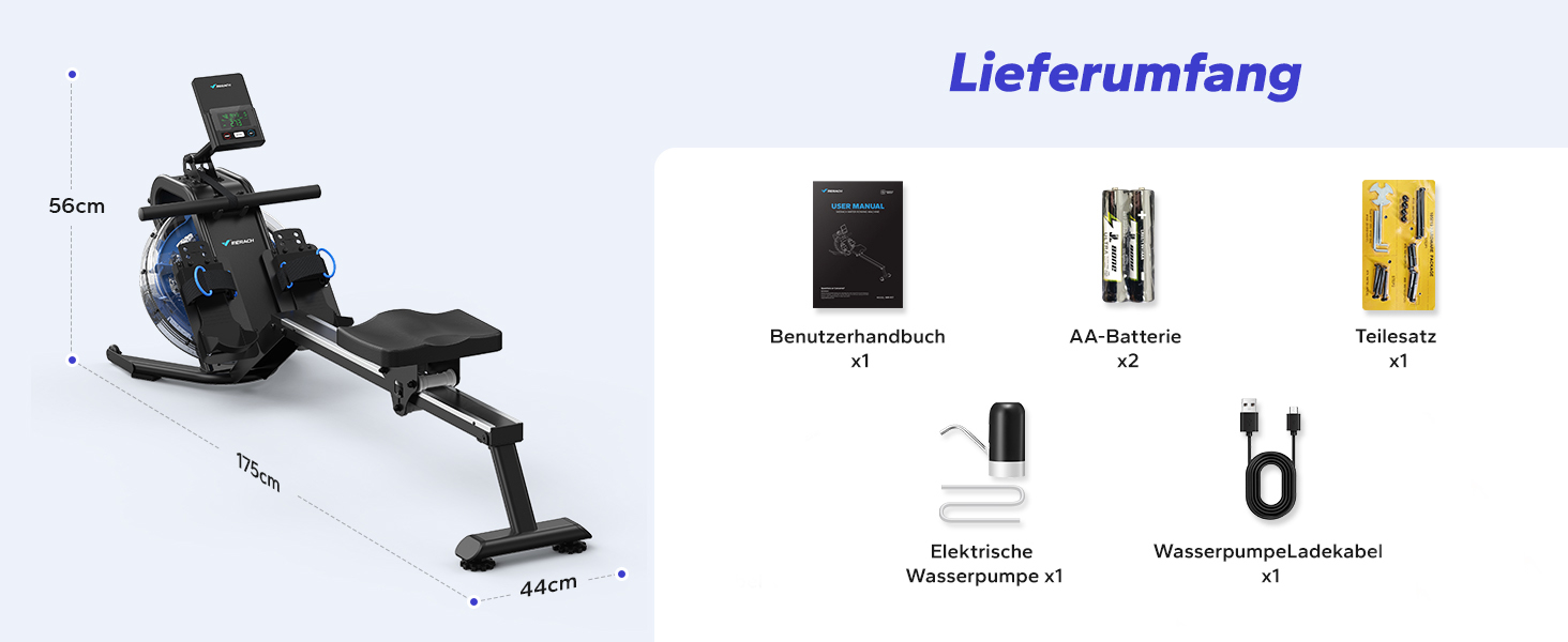 Домашній водяний гребний тренажер 15L, Bluetooth, додаток, тримач для планшета, ергономічне сидіння, вертикальне зберігання