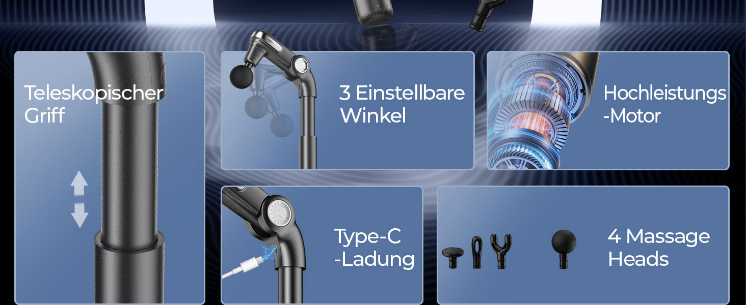 Масажер для тіла KingPavonini з висувним руків'ям та відкидним голівкою: масажна пістолета для спини з 3 кутами налаштування та 4 насадками, подарунок для чоловіків та жінок (сірий)