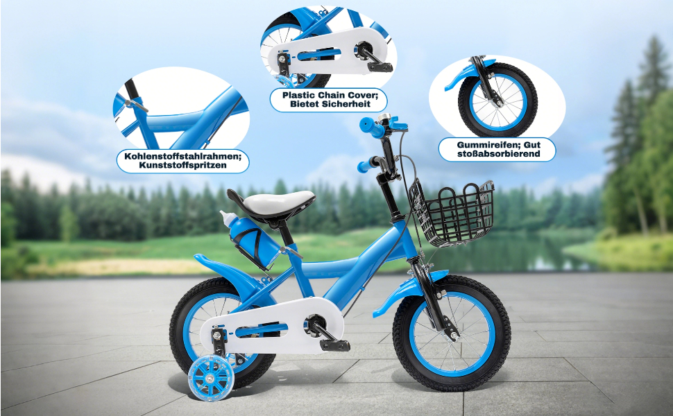 Дитячий велосипед 12 дюймів для дівчаток та хлопчиків з додатковими колесами, дзвінком та кошиком, регульована висота, від 3 років, червоний/синій/блакитний