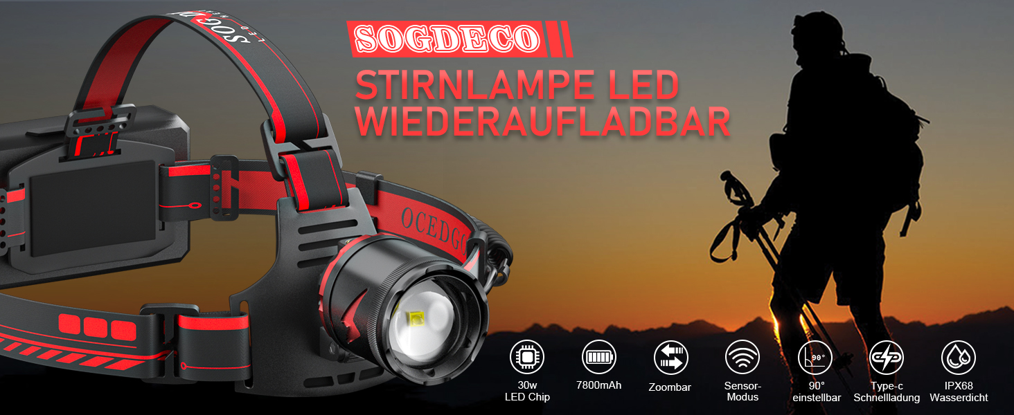 Ліхтар налобний Sogdeco Superhell 3000 Lumen LED з датчиком, 11 режимів, акумулятор 7800mAh, регулювання 90°, для кемпінгу, риболовлі, бігу, чорний