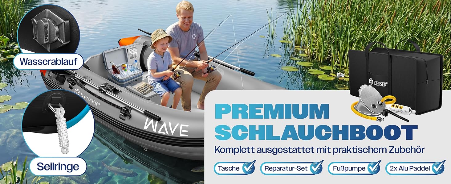 Надувний човен KESSER® Wave 230-320 см, комплект 6 в 1: човен, лавка, насос, весла, ремкомплект, сумка. Для моря, річки, мотора. Сіро-блакитний