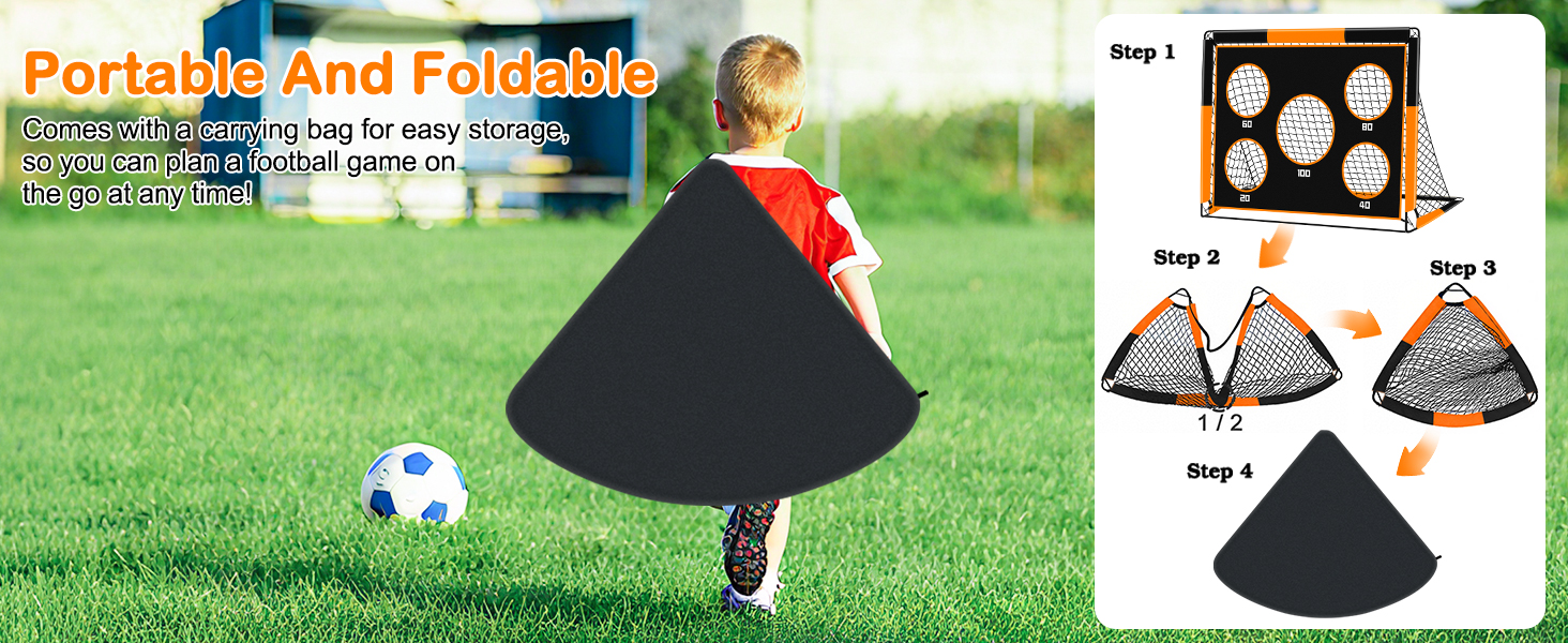 Дитячі воріта для футболу 2-в-1, 150х120 см, портативні та стабільні, з 5 зонами для забивання, 4 кілочки для кріплення та сумка для перенесення, для саду, парку, пляжу, оранжеві