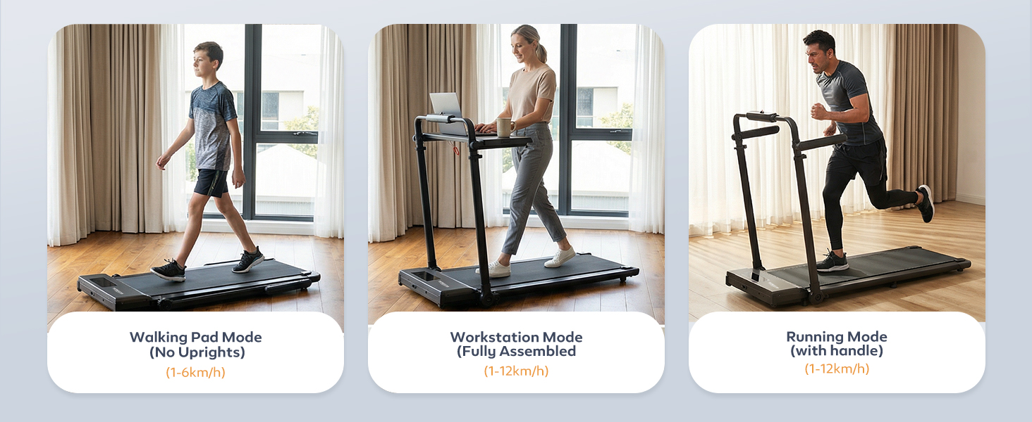Бігова доріжка Walking Pad 6-в-1 з нахилом 3–15%, регульованою ручкою та столом, швидкість 1–12 км/год, 8-точкова амортизація, LED-дисплей, пульт ДК, до 130 кг
