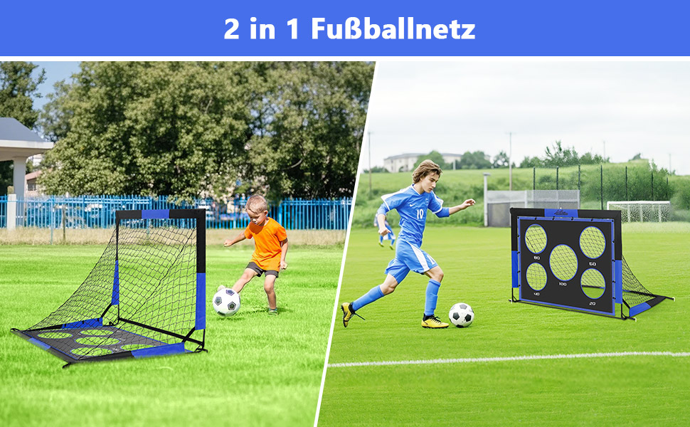 Ворота для футболу MoKo для саду, 150x120 см, велика розкладна сітка з мішенню, портативне обладнання для дитячих футбольних тренувань, спортивна гра на відкритому повітрі (Чорний+Синій)