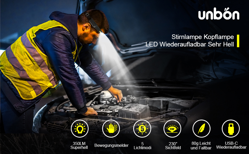 UNBON LED налобний ліхтар з акумулятором, перезаряджається через USB-C, надзвичайно яскравий, 5 режимів освітлення, датчик руху, водонепроникність IPX4, легкий, для піших прогулянок, бігу, риболовлі, 1 шт.