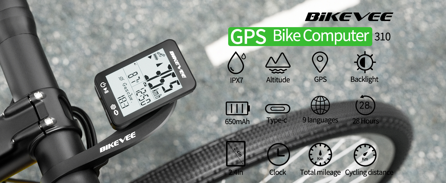 Велокомп'ютер GPS бездротовий, водонепроникний IPX7, екран 2.4'' FSTN, акумулятор 28 годин (чорний) з подовженим тримачем