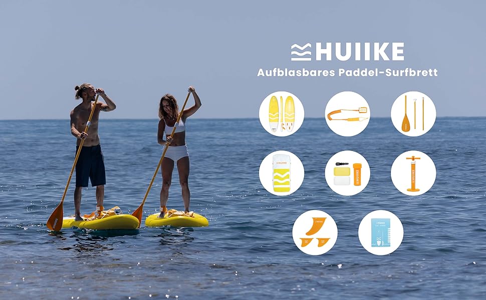 Надувний SUP-борд HUIIKE Stand Up Paddling Board з аксесуарами: весло, фіни, насос. Стабільний та міцний надувний SUP-борд 305x84x15 см, до 130 кг (Enjoyer Yellow - Essential)