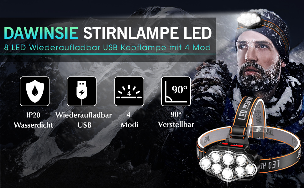 LED налобний ліхтар Dawinsie з USB-зарядкою, 8 LED, 4 режими, водонепроникний, для роботи, відпочинку на природі, кемпінгу, походів, риболовлі