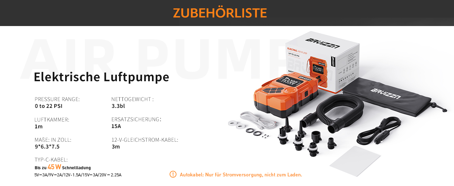 Електричний насос для SUP дошки 12V, 22 PSI, з акумулятором 59.2Wh, Type-C, 7 насадок, помаранчевий