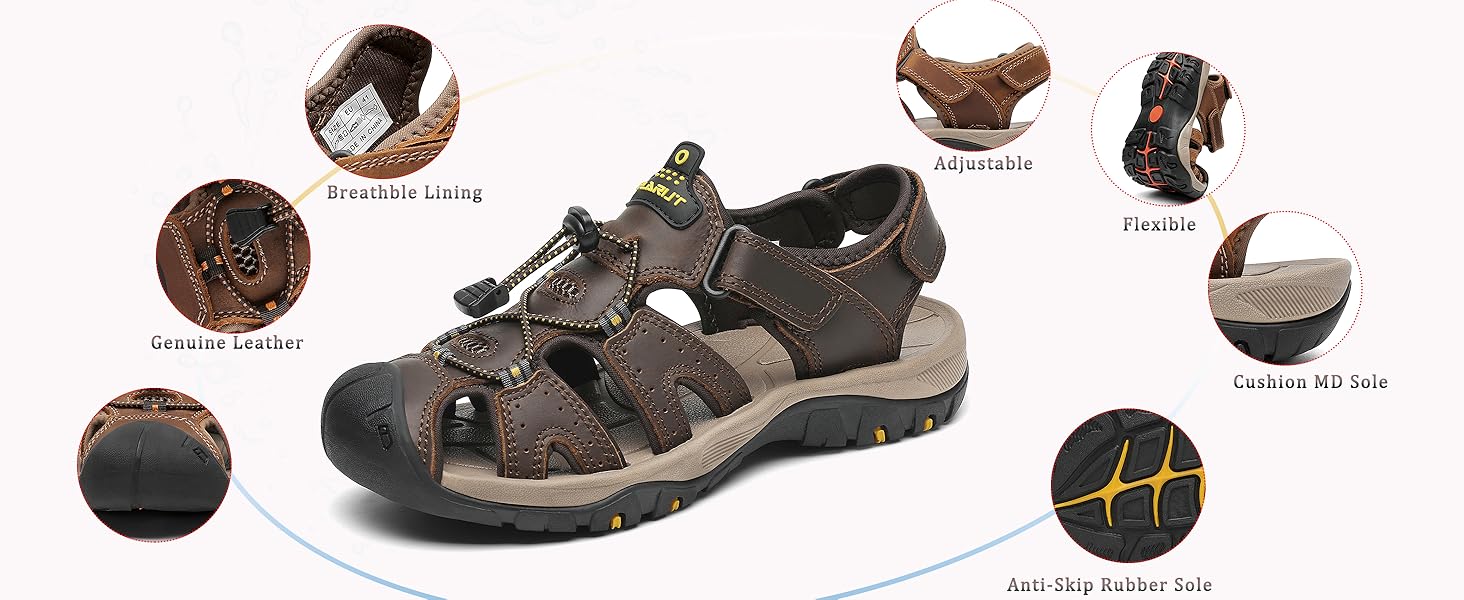 Чоловічі сандалі FLARUT для туризму та пляжу, шкіряні трекінгові, темно-коричневі, 42 EU