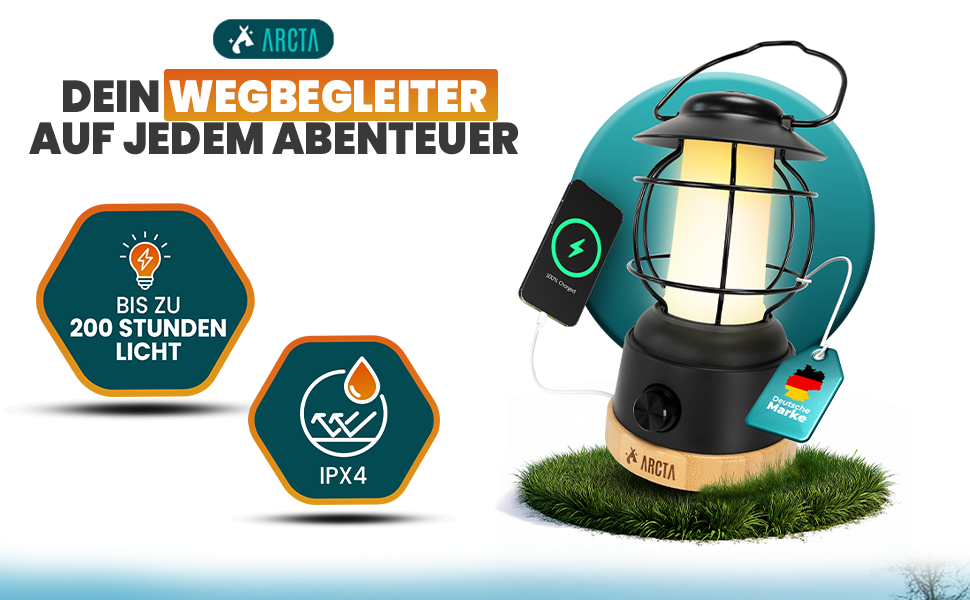 ARCTA® LED кемпінговий ліхтар на акумуляторі – ретро кемпінг ліхтар, IPX4 вологостійкий, димування 20-450lm – ліхтар для намету, саду, кемпінгу, LED Powerbank