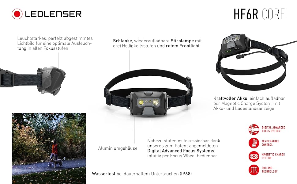 Ліхтар налобний Ledlenser HF6R Core: 800 люмен, перезаряджається, водонепроникний (IP68), червоне світло, для активного відпочинку