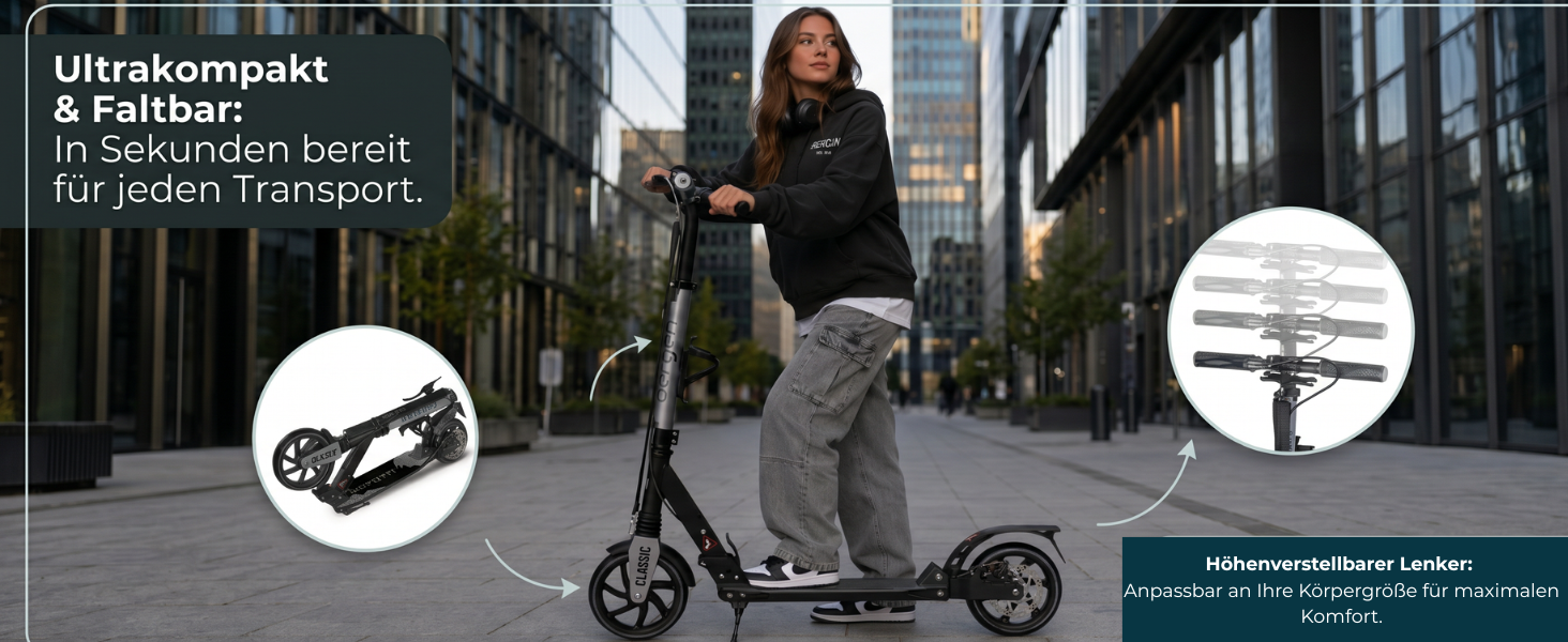Самокат міський Bergen City Scooter Classic складаний - 200 мм колеса, дискове та ножне гальмо, 2 амортизатори, алюмінієвий, регульована висота, для дітей від 6 років та дорослих до 100 кг, фіолетовий