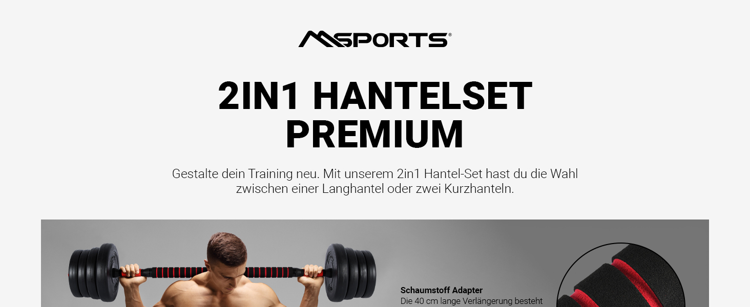 Набір гантелей MSPORTS Premium 2в1 - Гантелі штанги регульовані 20, 30 або 40 кг - Набір гантелей Гантель з приєднувальною сталевою трубкою і обважнювачами 30 кг