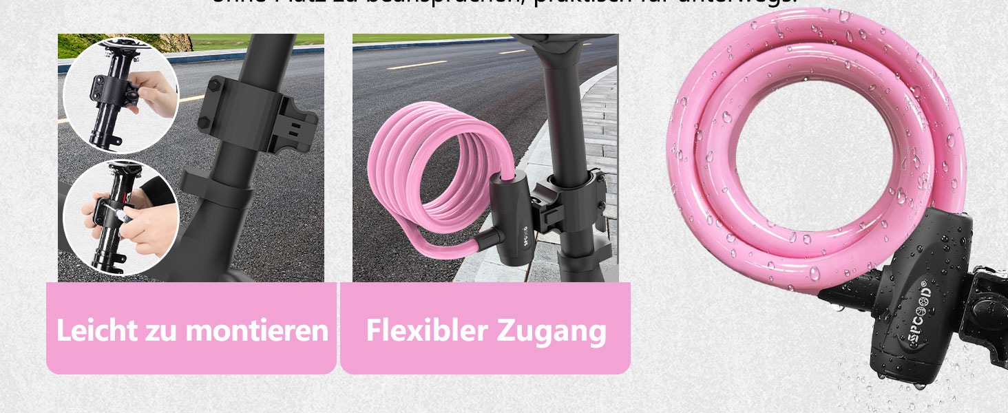 Замок для велосипеда 120см/12мм, високий рівень захисту, кабельне spiralkabelschloss з 2 ключами, протиугінний замок для велосипеда, триколісного велосипеда, мотоцикла, скутера (Рожевий)