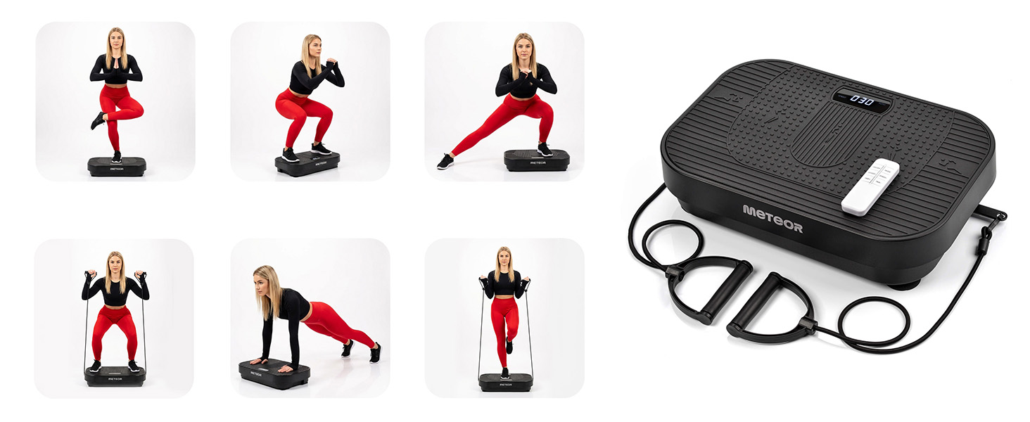 Віброплатформа Meteor для фітнесу вдома: 120 рівнів інтенсивності, 5 програм, 3 зони тренувань, пульт, гумові стрічки, до 160 кг