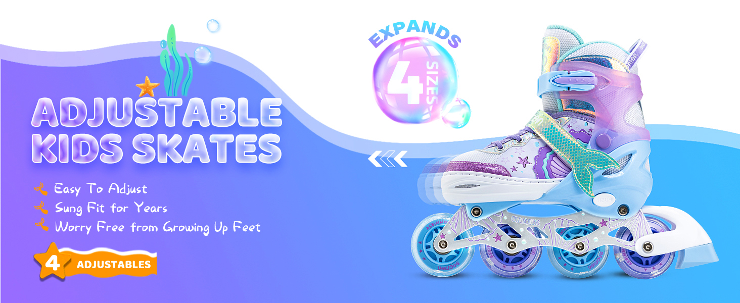 Інлайнери NEMONE для дівчаток, 4 розміри, регульовані, блакитний/фіолетовий, для дому та вулиці, розмір 37-39 EU, модель 'Морська русалка'