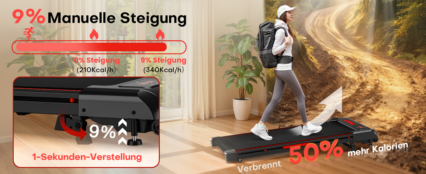 Бігова доріжка Walking Pad для дому з нахилом 9%, швидкість 1-10 км/год, потужність 2.5HP, LED-дисплеєм, дистанційним керуванням та 12 програмами, амортизація, до 150 кг, чорно-червона