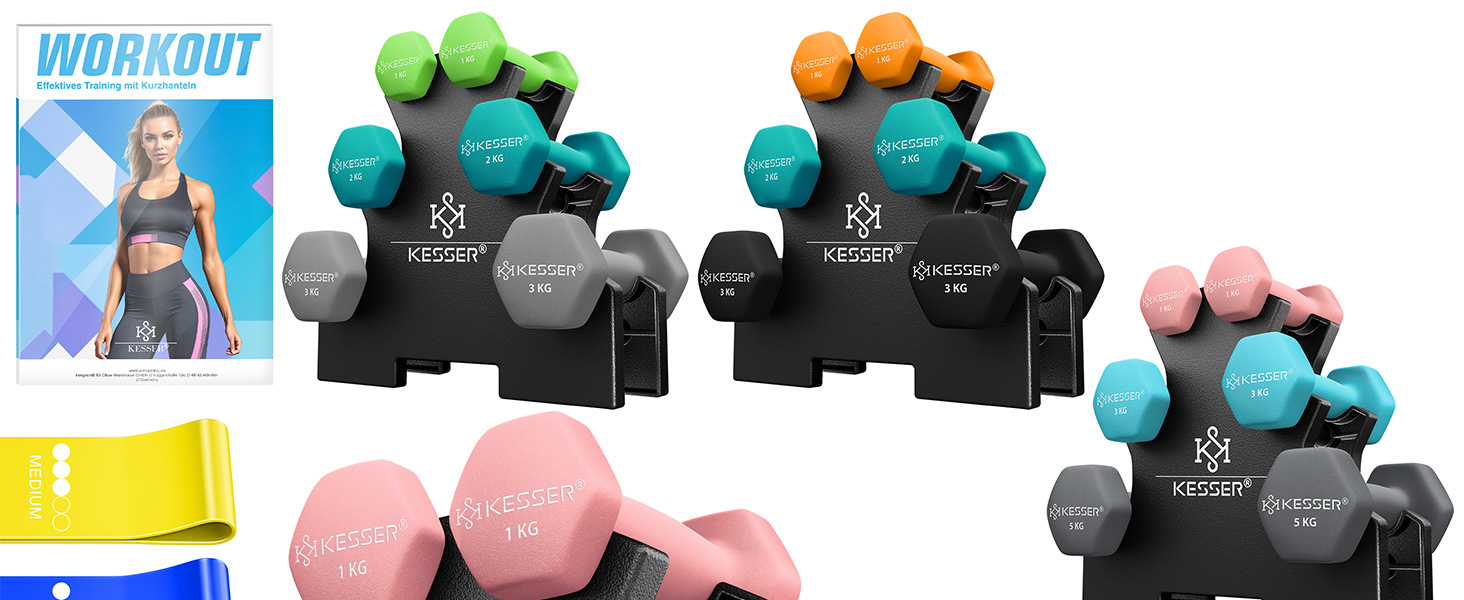 Набір гантелей KESSER® 18 кг з підставкою, 3 пари (1-5 кг), неслизьке неопренове покриття, з інструкцією та фітнес-гумками
