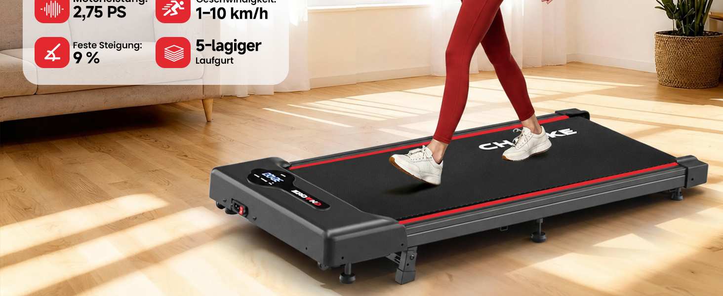Бігова доріжка CHAOKE Walking Pad з нахилом 9%, до 10 км/год для дому та офісу, двигун 2.75 к.с., навантаження до 150 кг, 12 HIIT-програм та пульт керування (Колір: Містичний морський синій)