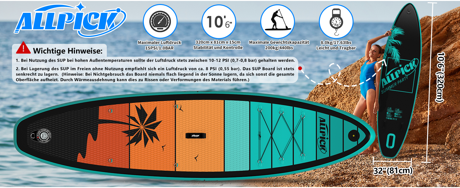 Надувний SUP-борд ALLPICK Premium Set: Комплектація для початківців та досвідчених, з кріпленням для камери, регульовим веслом, 200 кг, для відпочинку на пляжі (зелений)