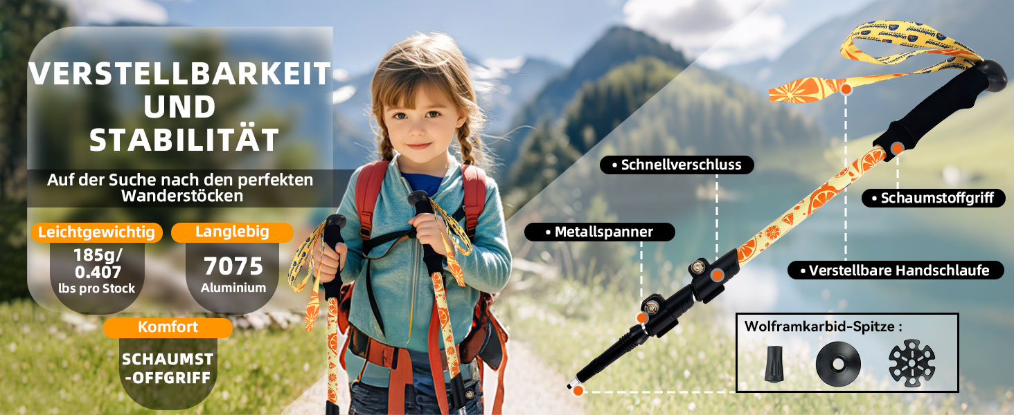 Дитячі телескопічні трекінгові палиці UnderwoodAggregator для походів та лиж, легкі алюмінієві палиці для дітей 6-12 років, жовті, 2 шт.