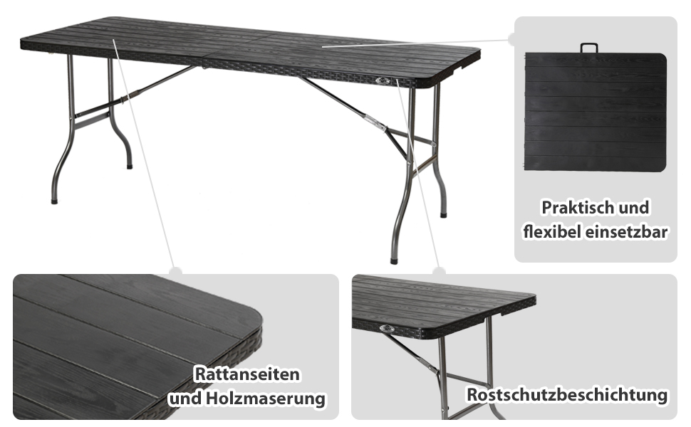 Складний стіл Sekey Buffettisch 181x75,5x73 см, ротанг, сірий - для саду, балкону, тераси, кемпінгу