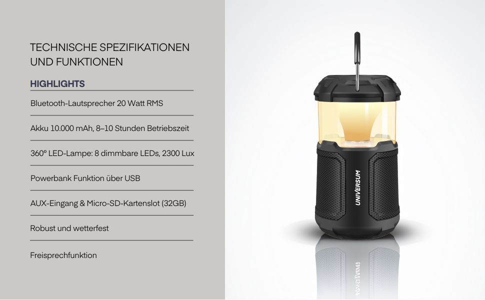 Портативна Bluetooth Колонка Universum BT 300 з LED-ліхтарем та Powerbank - 20W, SD-карта, AUX, 10000mAh, 2300 LUX, вологостійка