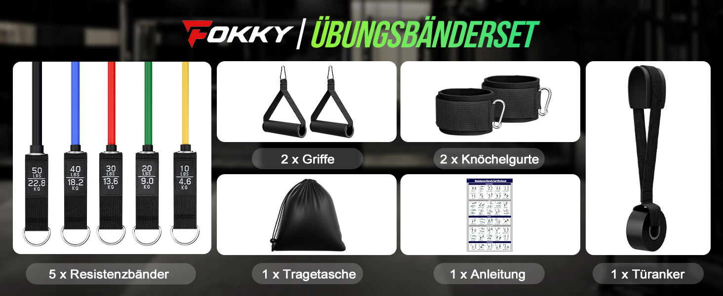 Набір еластичних стрічок для фітнесу Fokky Fitnessbänder Resistance Bands Set, 5 стрічок різної міцності, з анкерами для дверей, ручками та кігтями, для пілатесу, силових тренувань, чорний, червоний, синій, зелений, жовтий