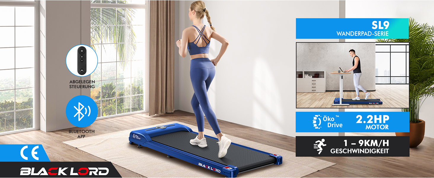 Walkingpad Laufband BLACK LORD SL9 - біговий доріжка, портативна, до 16 км/год, нахил до 9%, LED-дисплей, Bluetooth, для дому та офісу