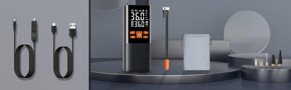 COCCKO Електричний міні-компресор для авто, велосипедів і мотоциклів, 150 PSI, акумулятор, LED-ліхтар, SOS, USB-C, портативний, цифровий дисплей, смарт-режими