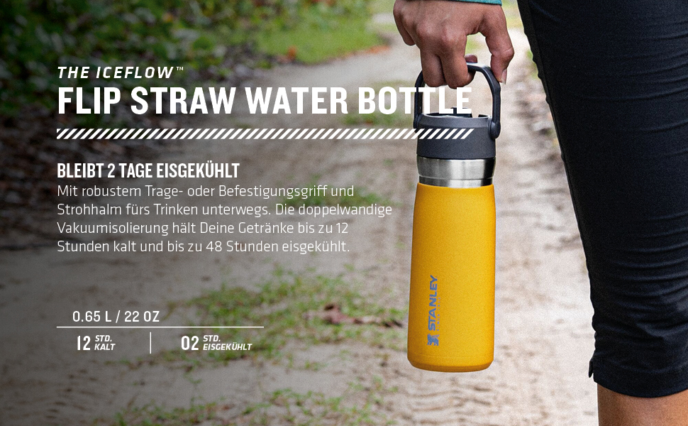 Термобутилка Stanley Iceflow Flip Straw з нержавіючої сталі, 0.65 л, з трубочкою, утримує холод 12+ годин, герметична, BPA Free, підходить для посудомийної машини, колір чорний