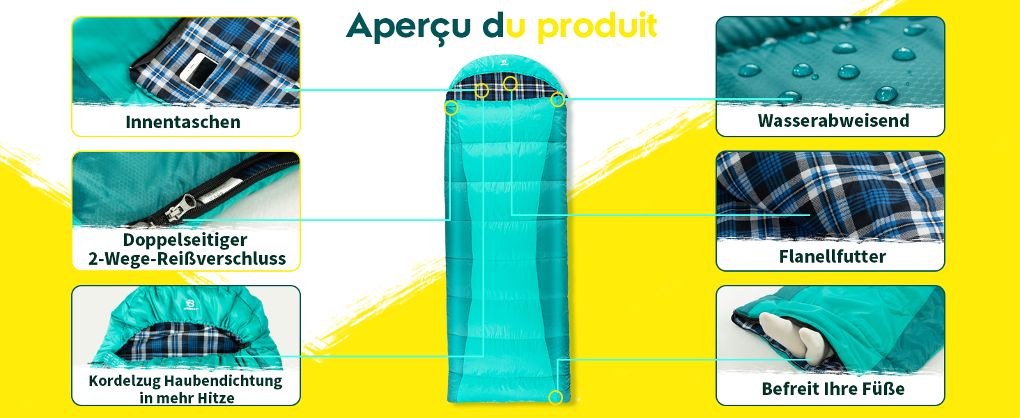 Спальний мішок Bessport фланелевий для кемпінгу 3-4 сезони -10°C-20°C | Зимовий, легкий, водонепроникний та теплий для дорослих та дітей, для подорожей з рюкзаком, кемпінгу, походів та подорожей. Фланелевий, блакитний, зелений (-5℃)