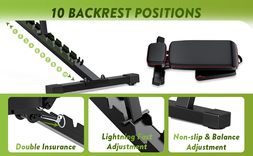 Складана лава для тренувань з регулюванням нахилу, 10 положень спинки, вантажопідйомність 363 кг, з фіксатором ніг для дому та спортзалу