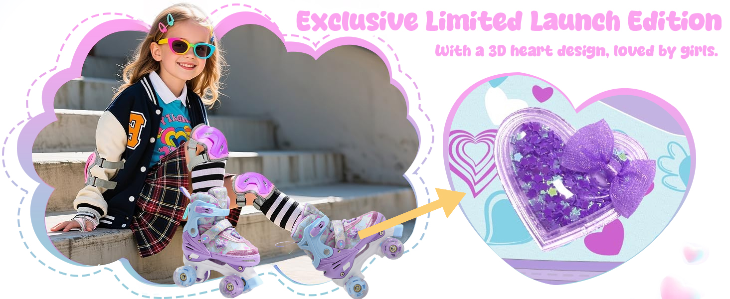 Ролики для дітей дівчаток з блискучими сердечками та світлодіодними колесами, 4-разово регульовані, ролики для початківців, ідеальний подарунок на день народження або Різдво, фіолетовий