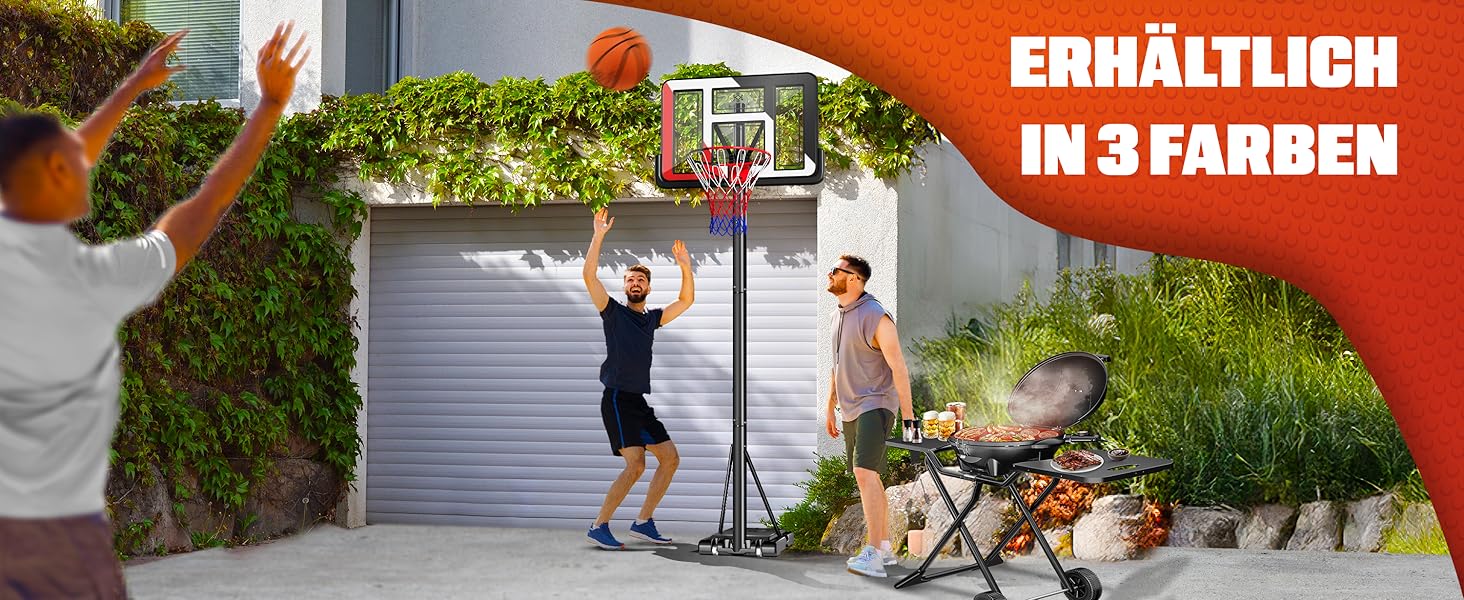 Курка баскетбольна KESSER® Outdoor зі стійкою та колесами. В комплекті 2 сітки, м'яч та насос. Регульована висота 230-305 см. Чорний колір. Підходить для дорослих та дітей.