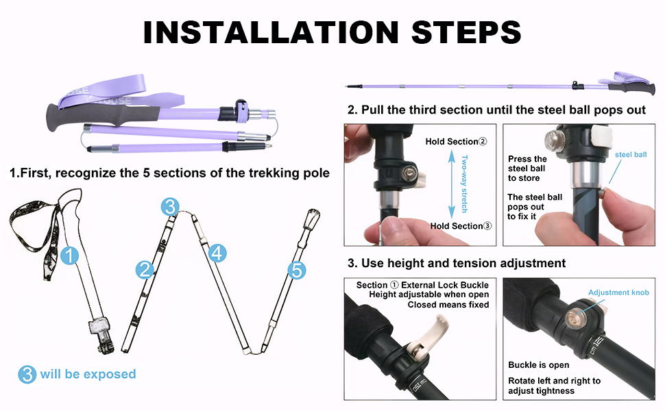 Телескопічна палиця для скандинавської ходьби Qoosea для жінок, вуглецеве волокно, складана трекінгова палиця 110-125 см з гумовим наконечником та сумкою (фіолетова)