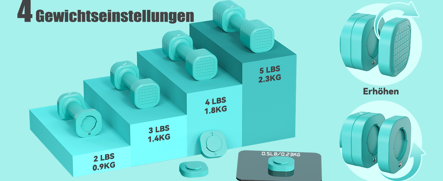 Sportneer Регульовані гантелі для жінок - набір з 2 гантелей (0,9–2,3 кг кожна), 4-в-1 набір гантелей з неслизьким ТПУ-покриттям, набір гантелей для домашнього спортзалу, фітнесу та силових тренувань (Блакитний)