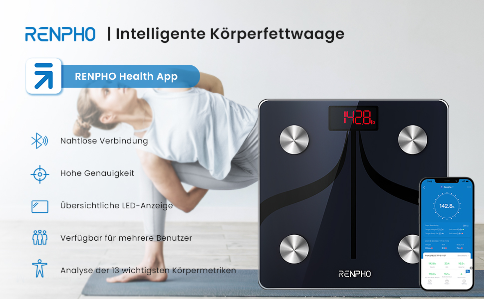 Ваги RENPHO для тіла з аналізом складу, Bluetooth, 180 кг, аналіз жиру, BMI, м'язова маса