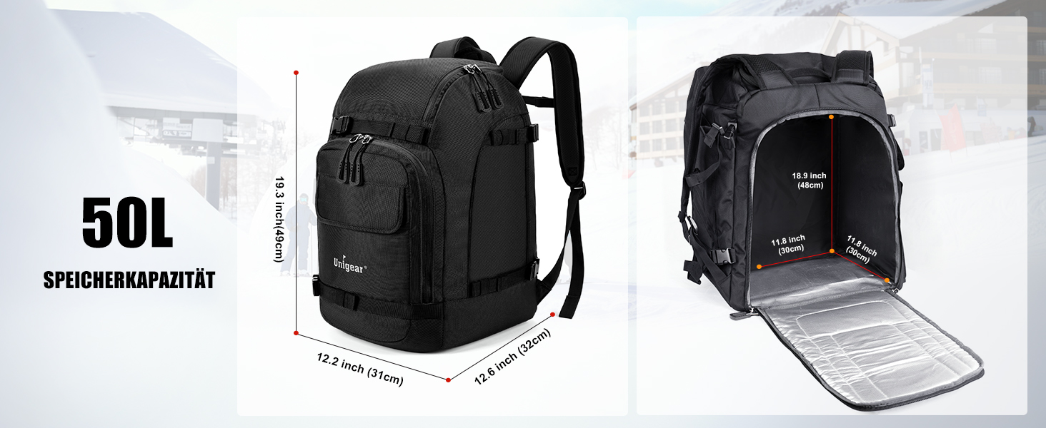 Рюкзак для гірськолижного спорядження Unigear 50/70L з кишенею для шолома, чорний, 50/70 літрів