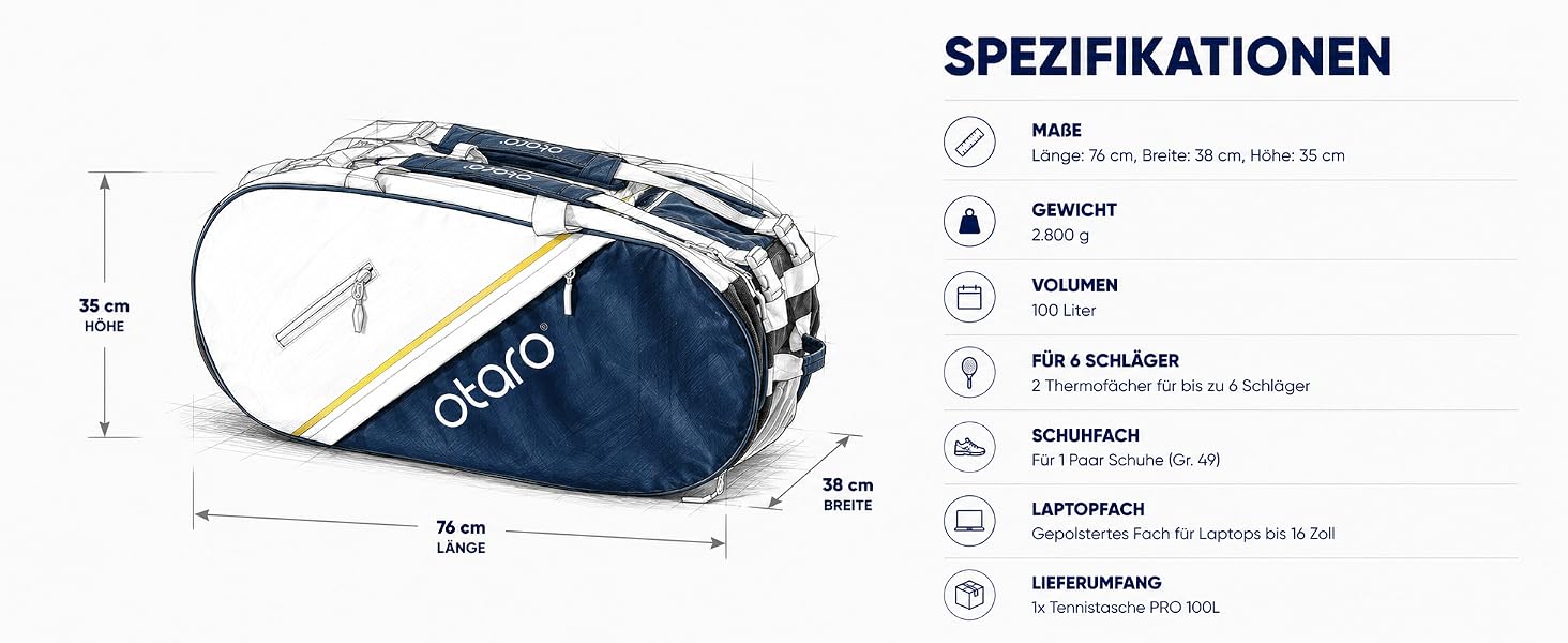 Спортивна сумка для тенісу Otaro 100L на 6 ракеток: термовідсіки, відділення для взуття, ноутбука та охолодження, водовідштовхуюча, чорно-синя