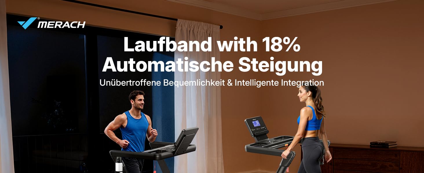 Біговий тренажер MERACH для дому з регулюванням нахилу (6%-18%), швидкість до 14 км/год, складаний, потужність 2.5HP/3.5HP, максимальне навантаження 136/159 кг, розмір 42*108 см / 46*120 см, чорний, з підключенням до додатку
