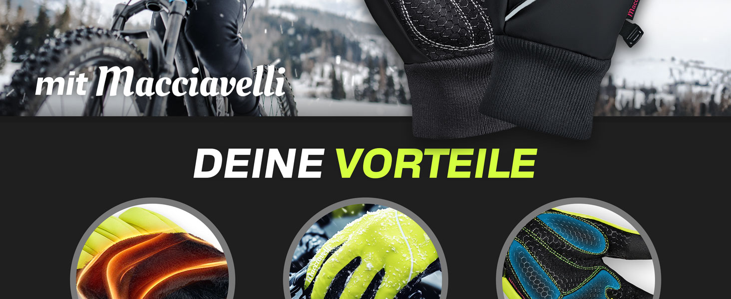 Велосипедні рукавички MACCIAVELLI® для чоловіків та жінок - зимові теплі термо рукавички з підтримкою сенсорного екрану для шосе, MTB та гірського велосипеда. Вітро- та водонепроникні, чорного кольору, розмір L
